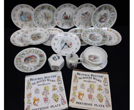 A COLLECTION OF BEATRIX POTTER BIRTHDAY PLATES 1981 - 94 )some boxed) a Wedgwood Peter Rabbit clock, and other Wedgwood Beatr
