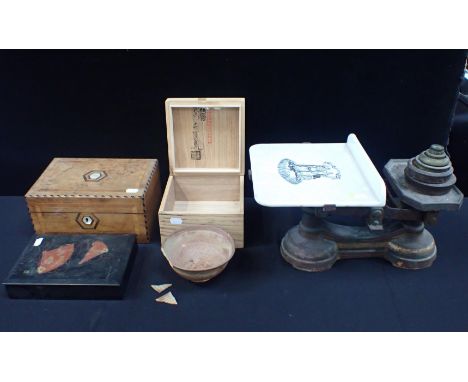 A VICTORIAN KITCHEN SCALE WITH WHITEWARE SLAB transfer decorated; 'Justitia et Fides', with parquetry box, a lacquer box and 