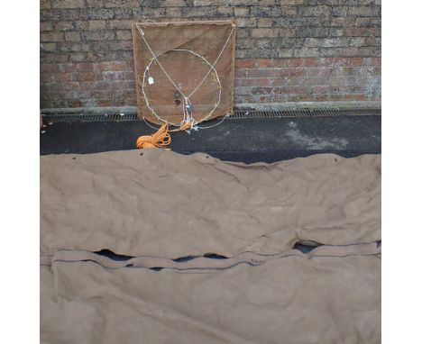 A VINTAGE ARMY KIT COVER c.1950's, together with a square fishing net, 70 x 70cm (2)