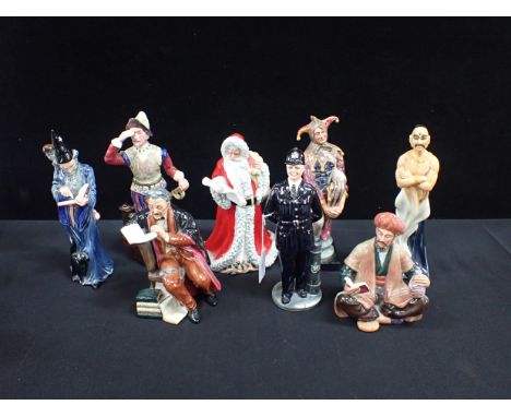 A COLLECTION OF DOULTON FIGURES The Wizard, The Genie, The Jester, The Professor, Omar Khayyam, the Bobby, Father Christmas, 