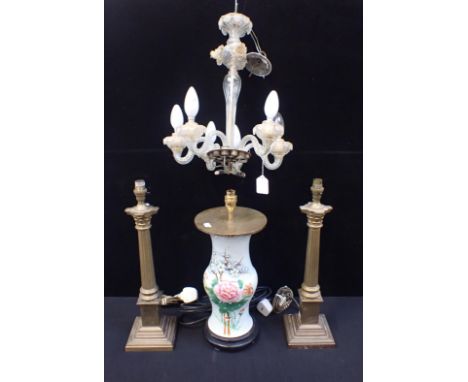 A VENETIAN SIX-BRANCH CHANDELIER (incomplete), a pair of Laura Ashley brass Corinthian column table lamps, 49cm including bul