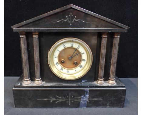 A VICTORIAN SLATE CLOCK WITH PEDIMENTED CASE and Japy Freres movement, striking on a gong