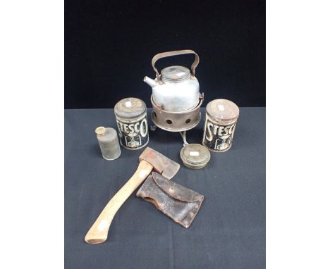 A BOY SCOUTS AXE with a Sirram camping stove, a Stesco camping stove in tin and another Stesco tin