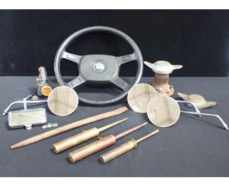 MOTORING: THREE VINTAGE BRASS OILERS spring loaded, one by Jeavons, two Erots 10A, a BMW steering wheel, a Rudge-Whitworth hu