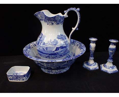 A SPODE 'ITALIAN' WASH BASIN AND JUG (modern), with matching candlesticks and soap dish