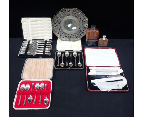 TWO SETS OF SIX SILVER TEASPOONS and two sets of silver handled tea knives. a pewter hip flask and another and a silver plate