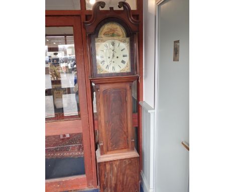 A 19TH CENTURY MAHOGANY LONGCASE CLOCK eight day movement, with 33cm painted arched dial, the case with reeded quarter column