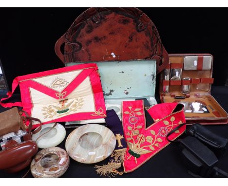A JAPANESE WOODEN TRAY, MASONIC REGALIA (cased) various vintage cameras, and other items