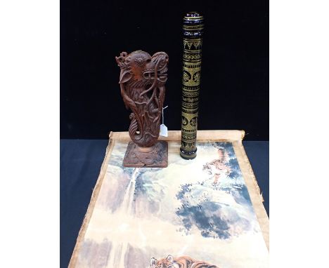A CHINESE CARVED DRAGON LAMP 37cm high (for re-wiring), a lacquered cylindrical container, and a printed tiger scroll (3)