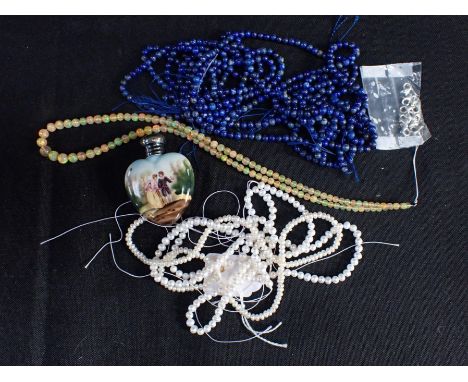 A GROUP LOT OF UNFINISHED NECKLACES AND A SCENT BOTTLE including an opal bead necklace; a lapis lazuli multi strand bead neck