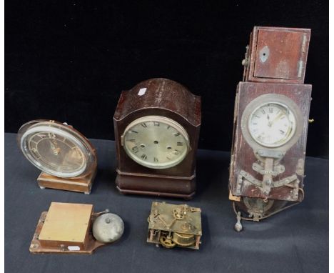 AN EARLY ELECTRIC CLOCK with an Art Deco mantel clock and other clock and bell components; one possibly an early alarm call b