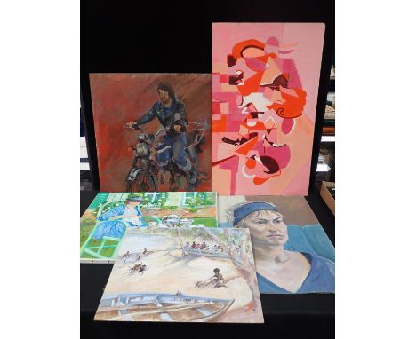 A COLLECTION OF UNFRAMED WORKS including a pink abstract oil on board, 82cm x 50cm, and a portrait of a lady in a garden, oil