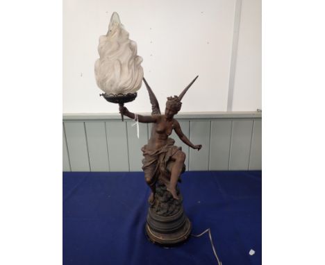 A WINGED MAIDEN TABLE LAMP with flambe style shade after Bouret