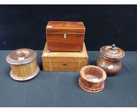 TWO TREEN TOBACCO POTS one polygonal with weighted lid, a burrwood pot a tea caddy, and another Victorian box (5)