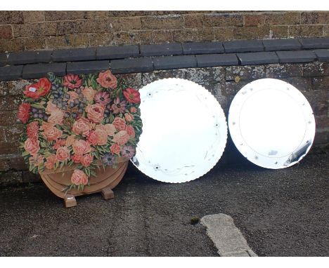 AN ART DECO FRAMELESS MIRROR, WITH CUT STARS and circles, another similar (chips), and a vintage floral painted firescreen (w