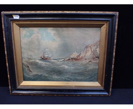 ENGLISH SCHOOL, 19TH CENTURY: SEASCAPE with ships in a rough sea off rocky coast with lighthouse, oil on canvas 37 x 47cm (fr