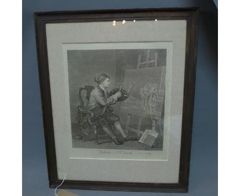 An original Hogarth engraving, self portrait of the artist at his easel, 43 x 37cm 