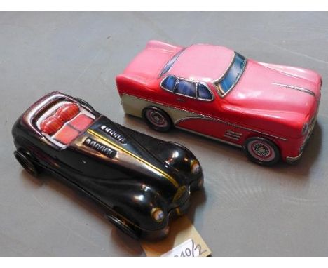 Two tin boxes in the form of vintage cars, (2) 