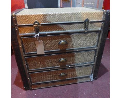 A Contemporary chest, with hinge lid over three drawers, in the form of a steamer trunk, H.75 W.80 D.40cm 