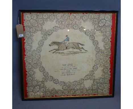 A Victorian scarf commemorating 'Melton Winner of The Derby 1885', framed, 81cm x 87cm