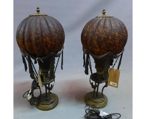 A Maitland Smith table lamp in the form of a hot air balloon, with tortoiseshell effect glass shade 
