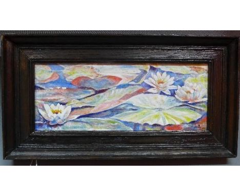 After Dirk Smorenberg, 'Water Lilies', oil on panel, bears signature lower right, 11 x 27cm 