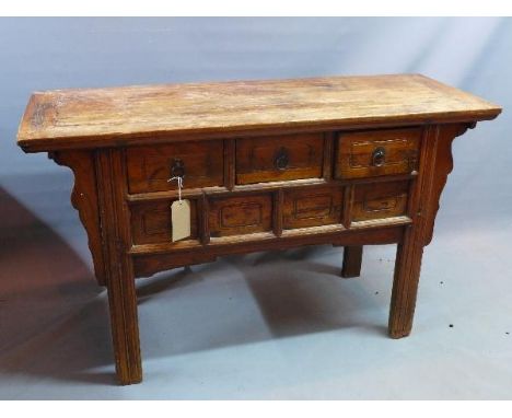 A 20th century Chinese hardwood console table, with three drawers, H.84 W.141 D.52cm 