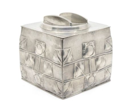 Archibald Knox, Liberty's pewter tea caddy with stylised rose design. Approx 11cm square. Tudric, 0194 marks to the base. Som