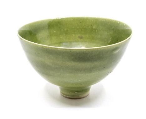 Lucie Rie (1902-1995): green glazed flared conical bowl. Diameter approx 16.5cm, height approx 10cm. LR mark to the base.