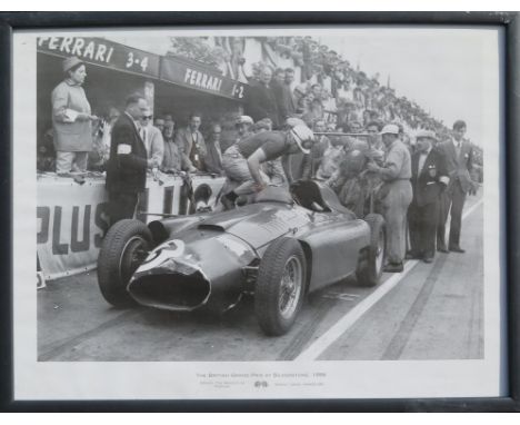 Black and white photographic print; British Grand Prix Silverstone 1956. Driver The Marquis de Portago &ndash; Lancia Ferrari