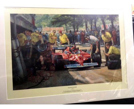 A limited-edition print by Alan Fearnley depicting Gilles Villeneuve at the 1981 Monaco Grand Prix, framed and glazed, measur