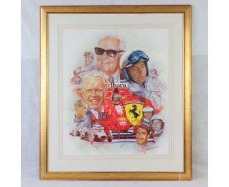 An original Craig Warwick painting for Ferrari UK showing the 12 British drivers and Enzo Ferrari - later made into a limited