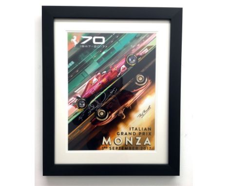 A framed and glazed print of the "Ferrari at 70" poster from the Italian Grand Prix 2017, hand signed by Ferrari works driver