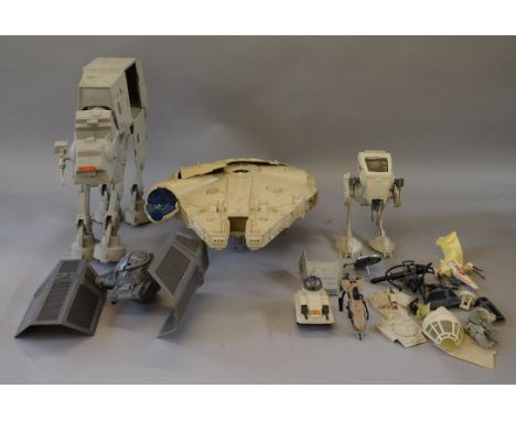 Quantity of vintage Star Wars toys: Millennium Falcon; AT-AT; AT-ST; Darth Vader's TIE Fighter; Speeder Bike; two mini-rigs; 