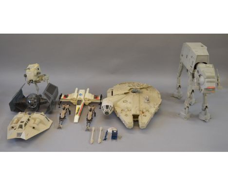 Quantity of Kenner Star Wars toys: Millennium Falcon; AT-AT; Darth Vader's TIE Fighter; AT-ST; two Speeder Bikes; X-wing; Sno