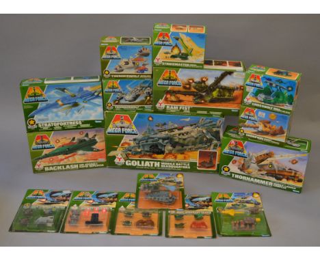 Quantity of boxed/carded Kenner Mega Force items: Goliath; Scorpion; Crossbolt; Strikemaster; two Thunderwolf; Ram Fist; Thor