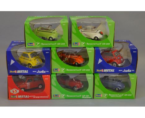 Eight boxed Revell diecast metal cars in 1:18 scale including various different versions of the BMW Isetta and Messerschmitt 