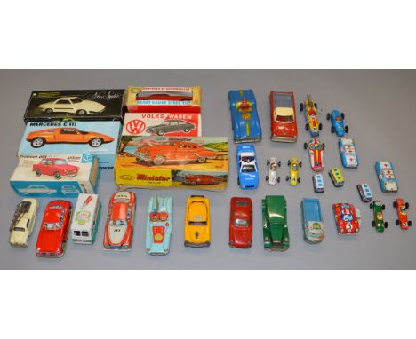 Six boxed cars of tinplate and plastic construction by Minster, Joustra and others including a Japanese clockwork tinplate mo