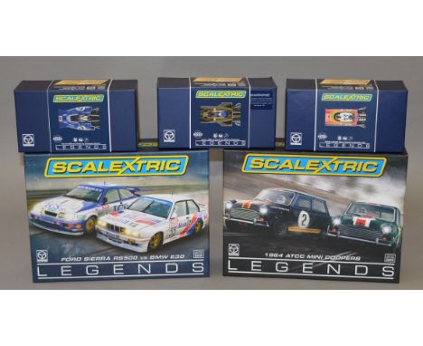 Two boxed Scalextric 'Legends', limited edition twin model sets, C3693A and C3586A together with three boxed limited edition 