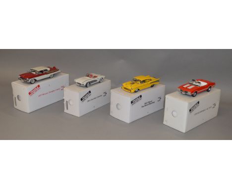Four boxed Danbury Mint diecast model cars in 1:24 scale, 1955 Oldsmobile Super 88, 1961 Chevrolet Corvette, 1957 Chevrolet P