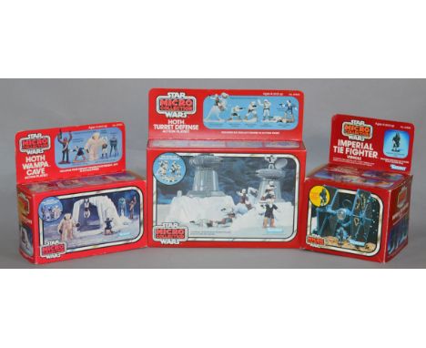 Three Kenner Star Wars Micro Collection Action Playsets: Hoth Turret Defense, box still taped, box is VG; Hoth Wampa Cave, bo