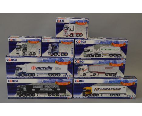 Eight boxed Corgi 1:50 scale trucks from the 'Hauliers of Renown' series including examples of MAN, Mercedes, Scania and DAF 