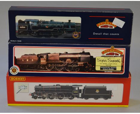 OO Gauge. Bachmann & Hornby. 3 x locomotives. BR 5MT class No.45253, BR black 4MT tank No. 80032 & LMS parallel boiler Scot "
