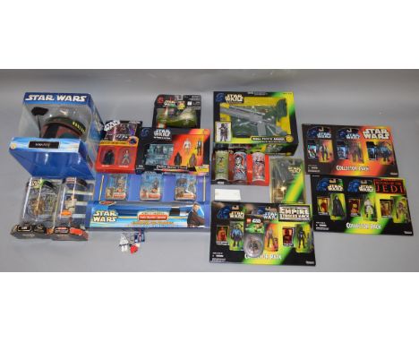 Quantity of assorted Star Wars toys: Epic Force C-3PO; Epic Force Obi-Wan Kenobi; Rubies Boba Fett Helmet; POTF2 Boba Fett's 