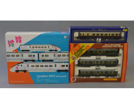 OO Gauge. Hornby R2961 London 2012 train pack. Hitachi class 395 4 car set, together with BR 3 car DMU set & Lima GWR diesel 