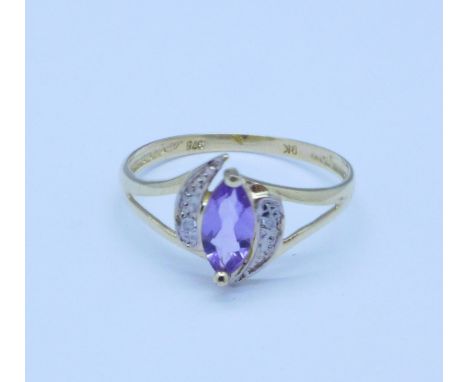 A 9ct gold, amethyst and diamond ring, 1g, O