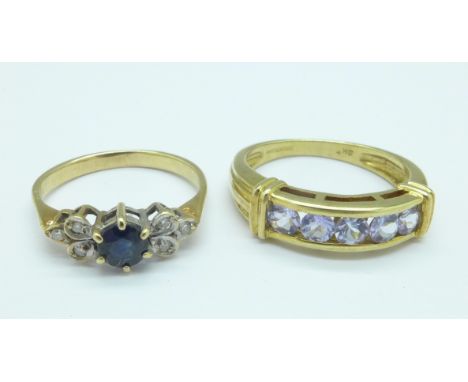 A 9ct gold ring and a yellow metal cluster ring, 2.6g, K and 1.2g, G