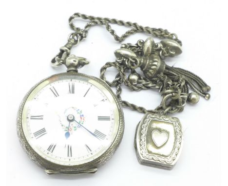 An 800 silver fob watch with Albertina chain and a Victorian silver locket