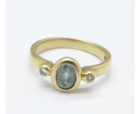 A 9ct gold, diamond and aquamarine ring, 3g, M