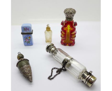 Four scent bottles, (small glass bottle a/f), and an enamel patch box, enamel cracked